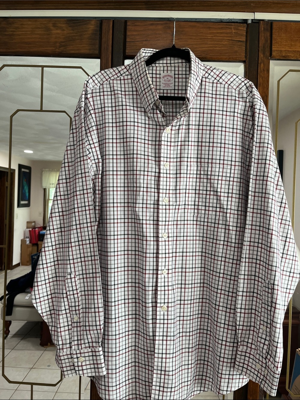 Brooks Brothers Est 1818 Traditional Dress Shirt Burgundy Black Windowpane XL